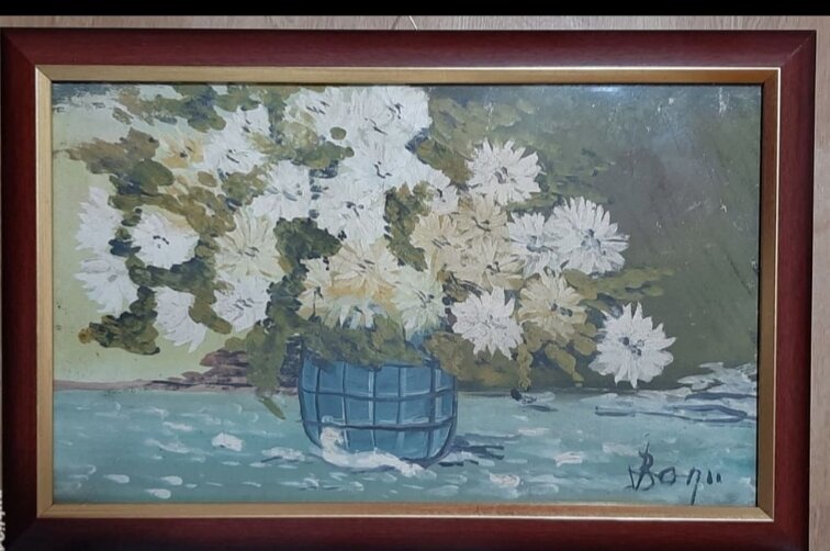 Pictura vaza cu flori albe,^ 26cm x 42cm